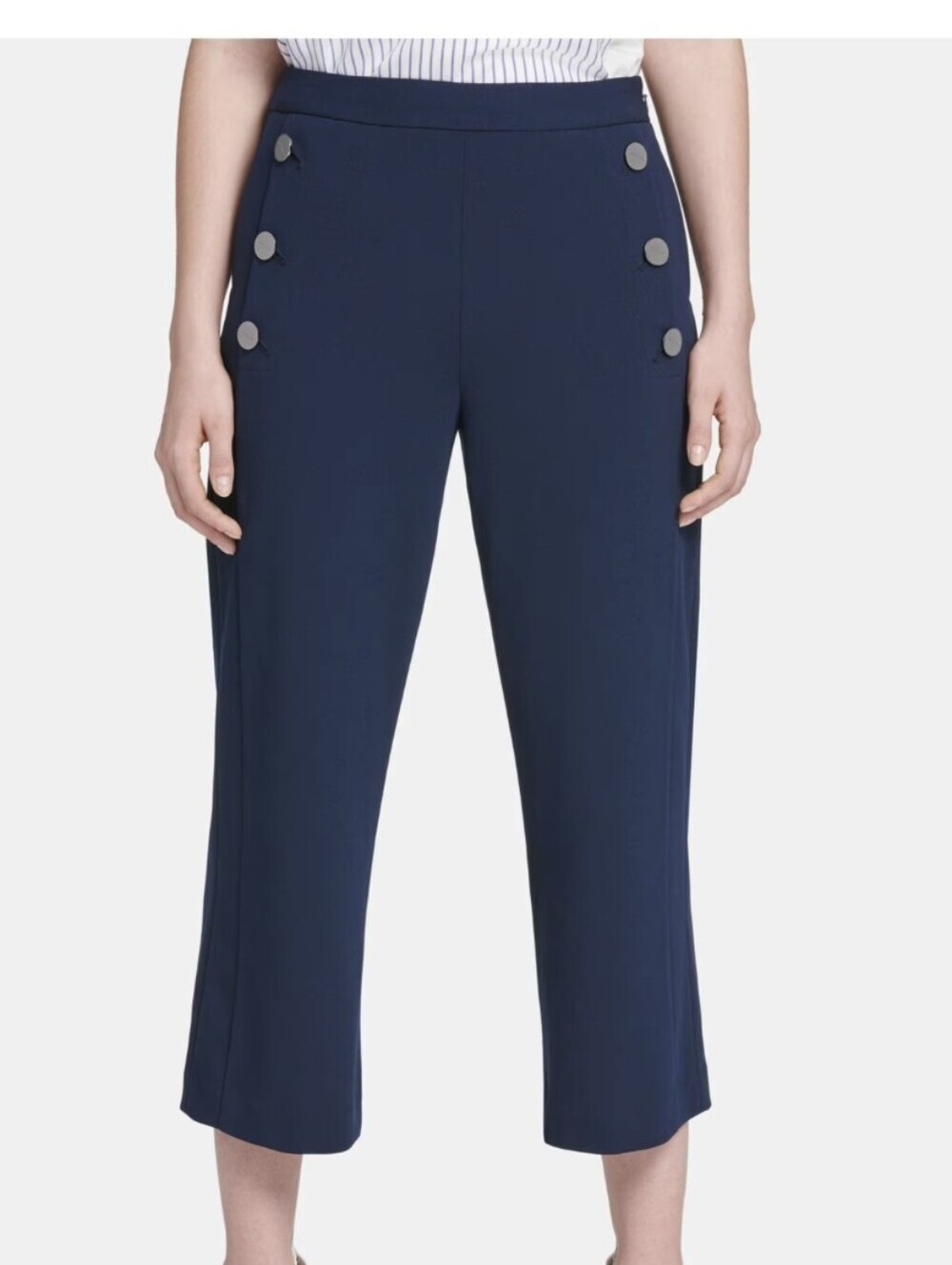 DKNY Navy Pull On Casual Lounge Cropped Ponte Pants with Button Detail Size 6